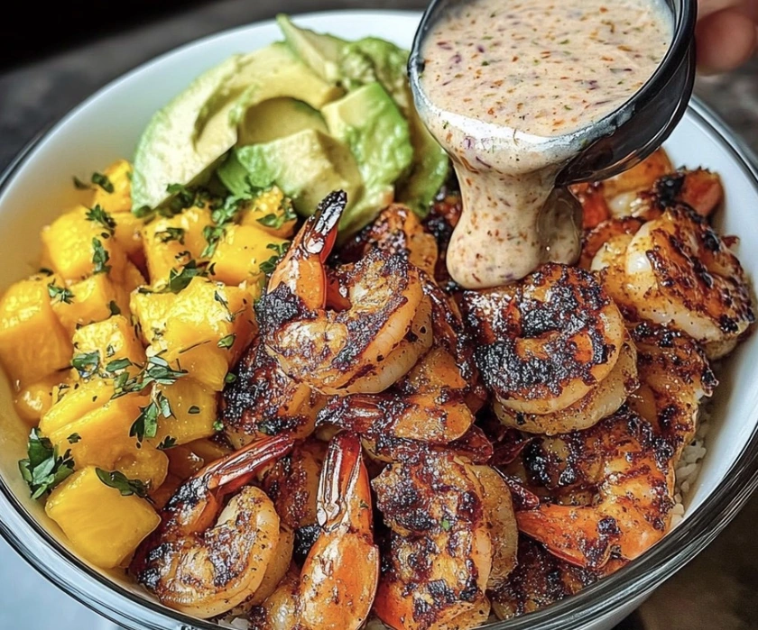 Shrimp and Avocado Bowls with Mango Salsa and Lime-Chili Sauce