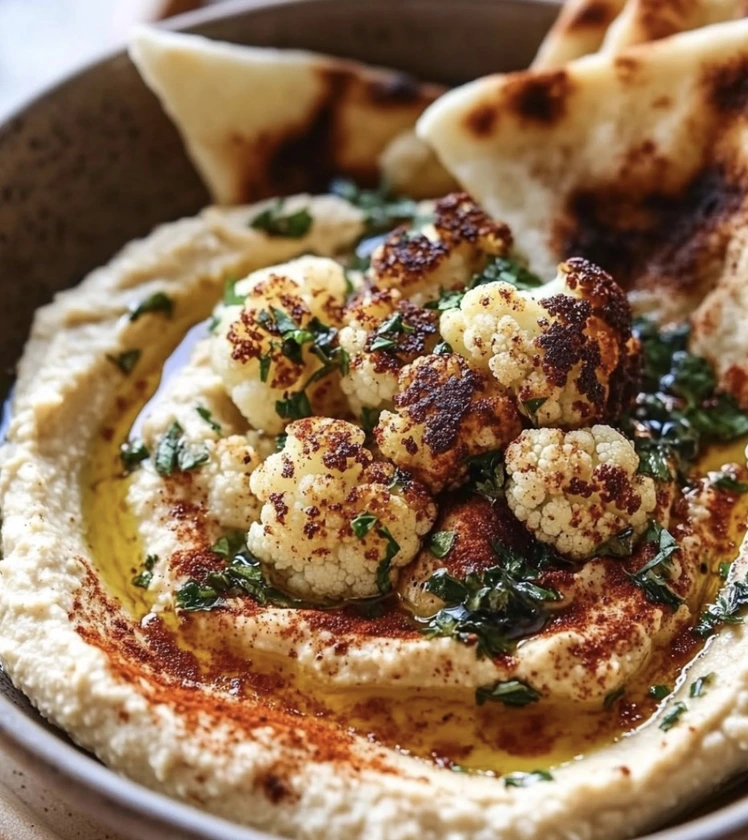 Spicy Roasted Cauliflower with Herb-Infused Oil over Hummus