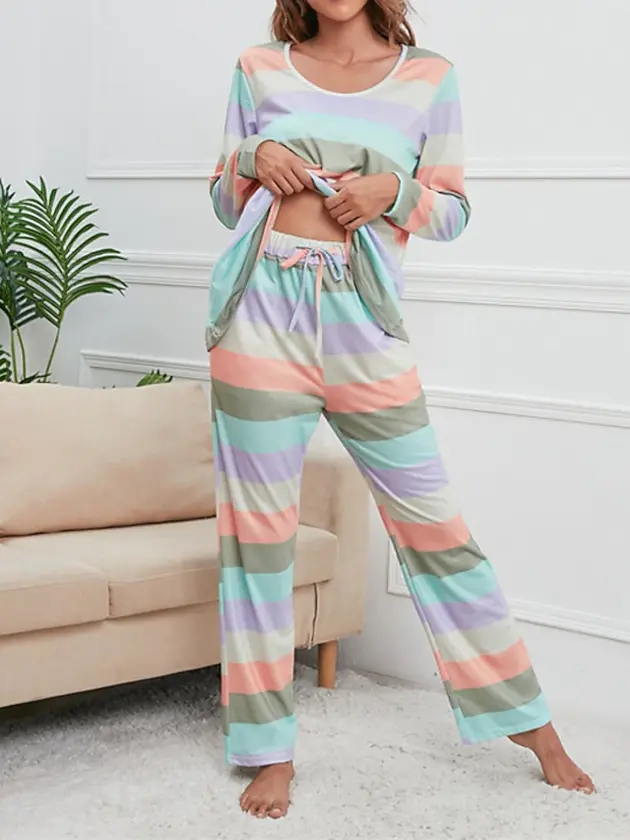 women's pajamas nighty pjs sets 2 pieces rainbow stripe fashion comfort soft hom thumbnail 2