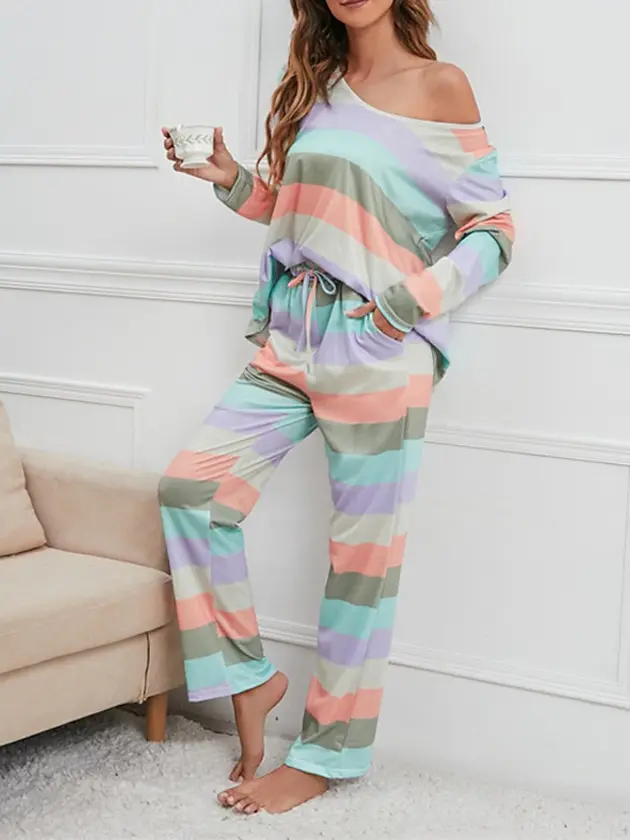 women's pajamas nighty pjs sets 2 pieces rainbow stripe fashion comfort soft hom thumbnail 3