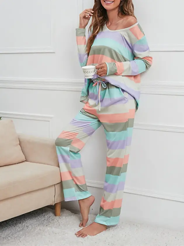 women's pajamas nighty pjs sets 2 pieces rainbow stripe fashion comfort soft hom thumbnail 4
