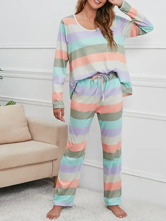 women's pajamas nighty pjs sets 2 pieces rainbow stripe fashion comfort soft hom thumbnail 5