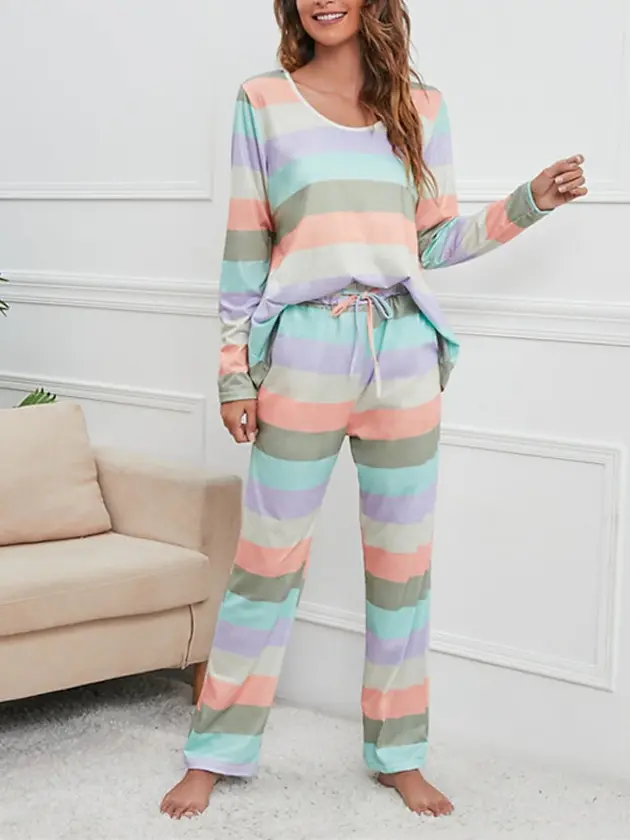 women's pajamas nighty pjs sets 2 pieces rainbow stripe fashion comfort soft hom thumbnail 6