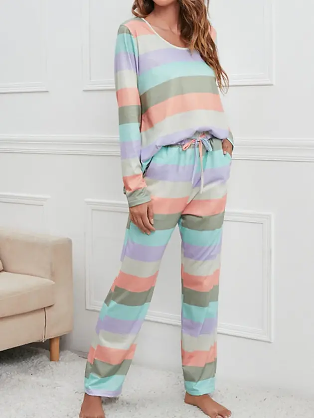 women's pajamas nighty pjs sets 2 pieces rainbow stripe fashion comfort soft hom thumbnail 7