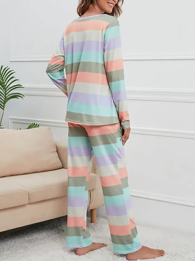 women's pajamas nighty pjs sets 2 pieces rainbow stripe fashion comfort soft hom thumbnail 8