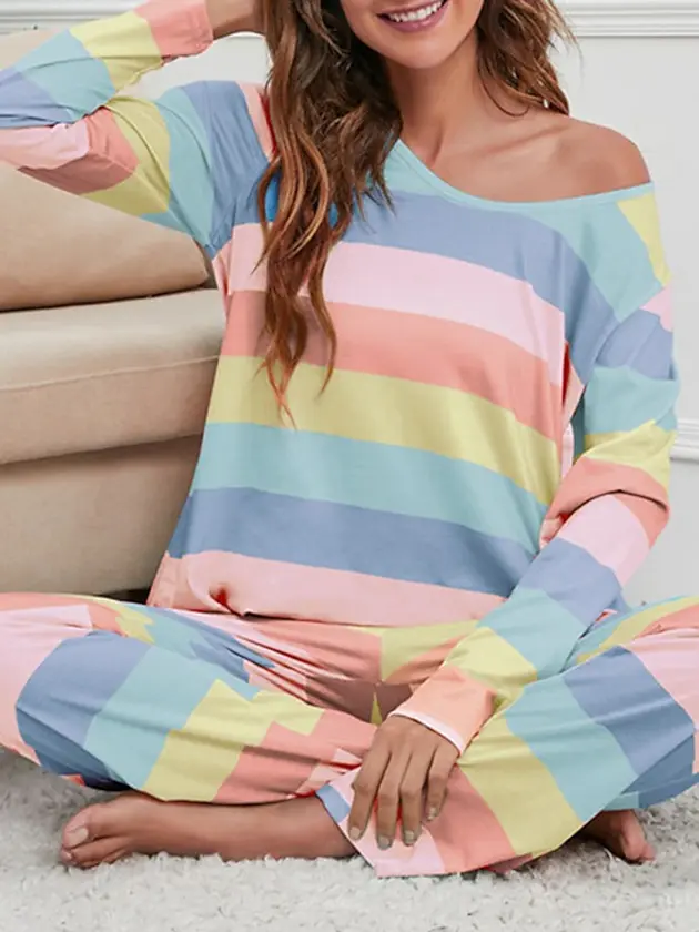 women's pajamas nighty pjs sets 2 pieces rainbow stripe fashion comfort soft hom thumbnail 9