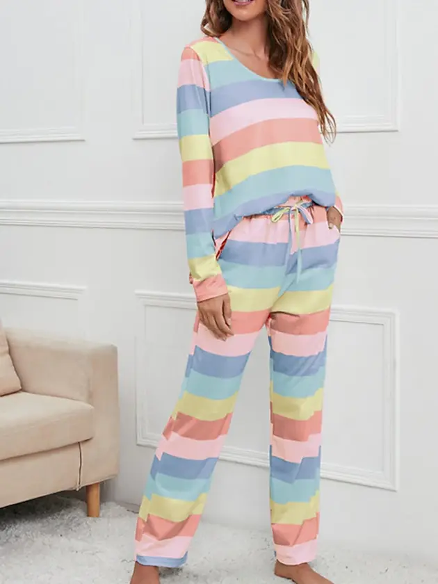 women's pajamas nighty pjs sets 2 pieces rainbow stripe fashion comfort soft hom thumbnail 10