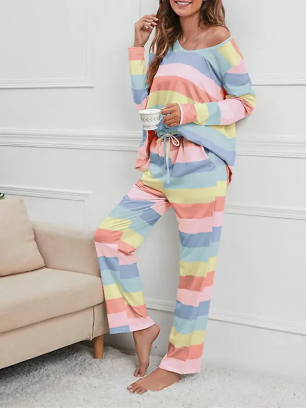 women's pajamas nighty pjs sets 2 pieces rainbow stripe fashion comfort soft hom thumbnail 11
