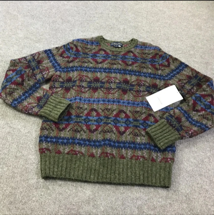 brooks brothers sweater mens medium olive fair isle 100% wool shetland crew - $1 thumbnail 2