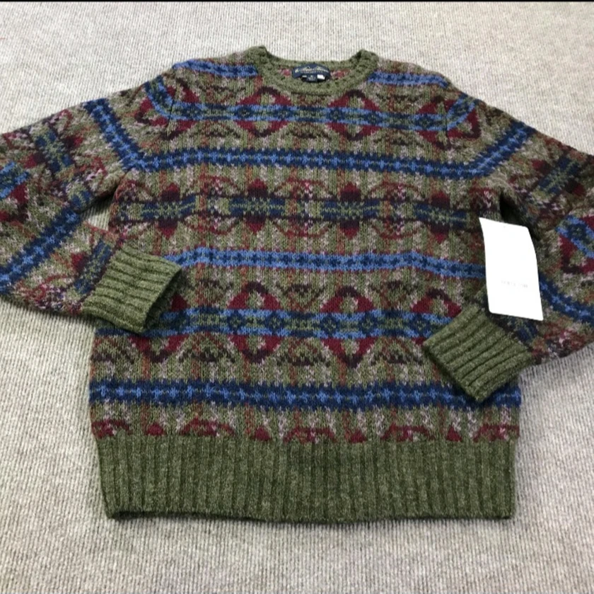 brooks brothers sweater mens medium olive fair isle 100% wool shetland crew - $1 thumbnail 4