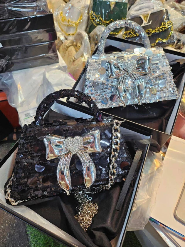 silver sequin mini evening bag with rhinestone handle - $55 thumbnail 2