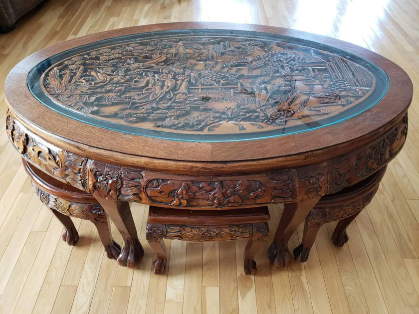 antique coffee table with stools - $2,000 thumbnail 3