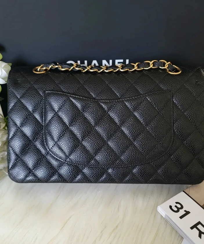 authentic chanel classic medium double flap - black caviar - gold hardware (ghw) thumbnail 2