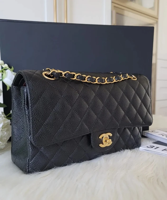 authentic chanel classic medium double flap - black caviar - gold hardware (ghw) thumbnail 5