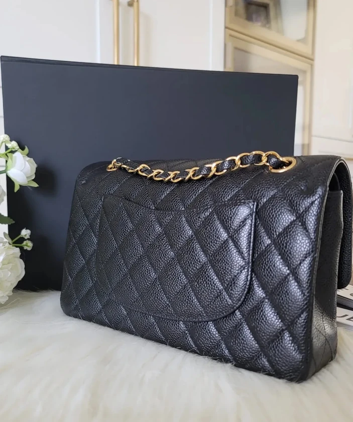 authentic chanel classic medium double flap - black caviar - gold hardware (ghw) thumbnail 7