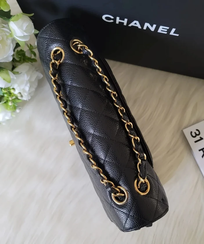 authentic chanel classic medium double flap - black caviar - gold hardware (ghw) thumbnail 9