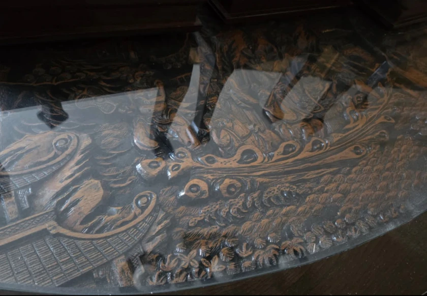 antique asian hand carved wood coffee/tea table with 6 stools - $300 thumbnail 2