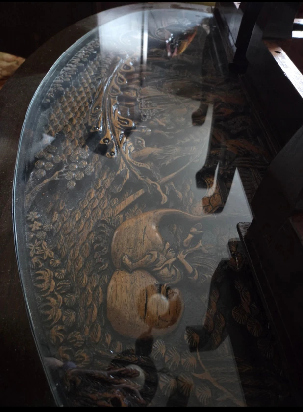 antique asian hand carved wood coffee/tea table with 6 stools - $300 thumbnail 3