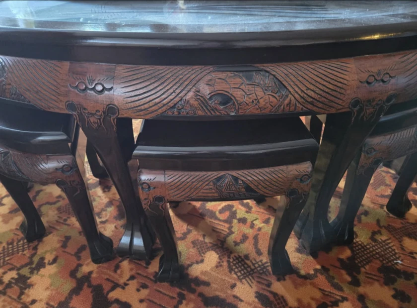 antique asian hand carved wood coffee/tea table with 6 stools - $300 thumbnail 4