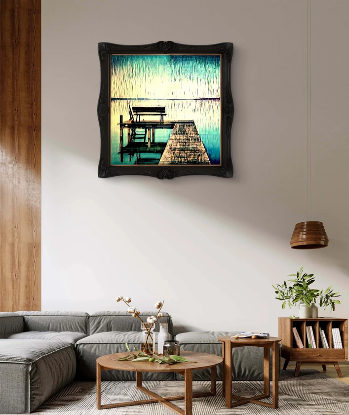 tranquil lake dock bench painting print | modern rustic wall art | - $2,600 thumbnail 2