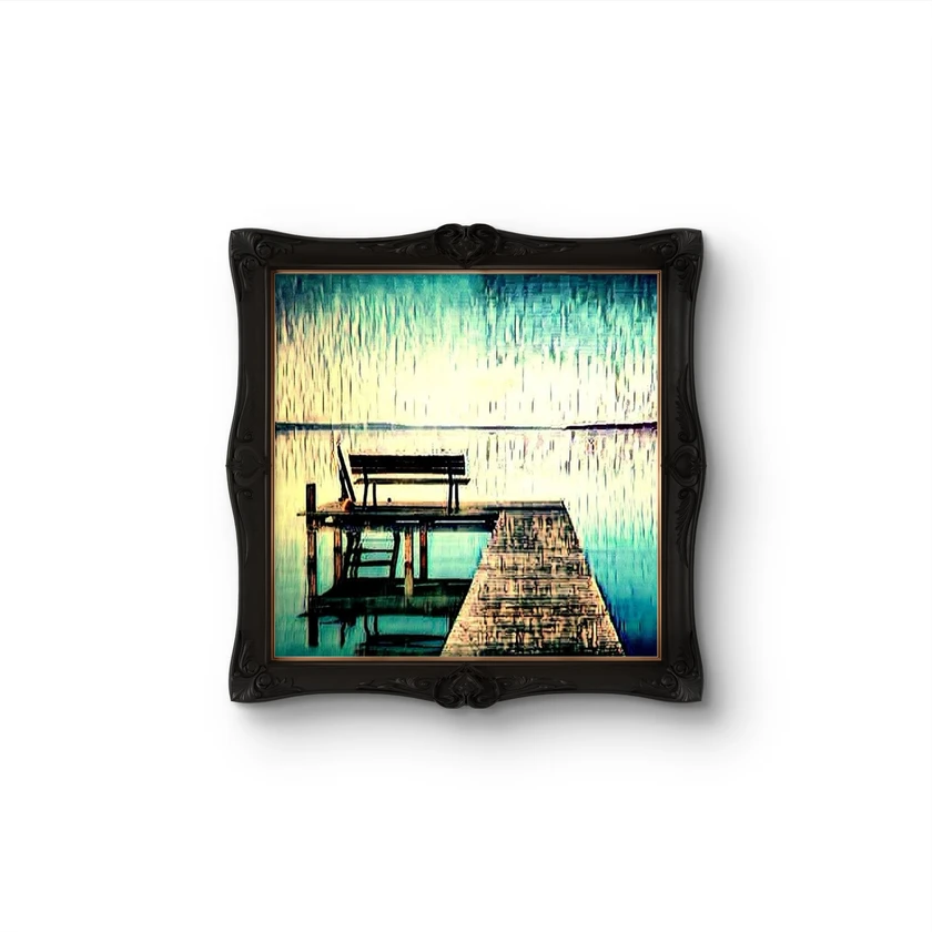 tranquil lake dock bench painting print | modern rustic wall art | - $2,600 thumbnail 3