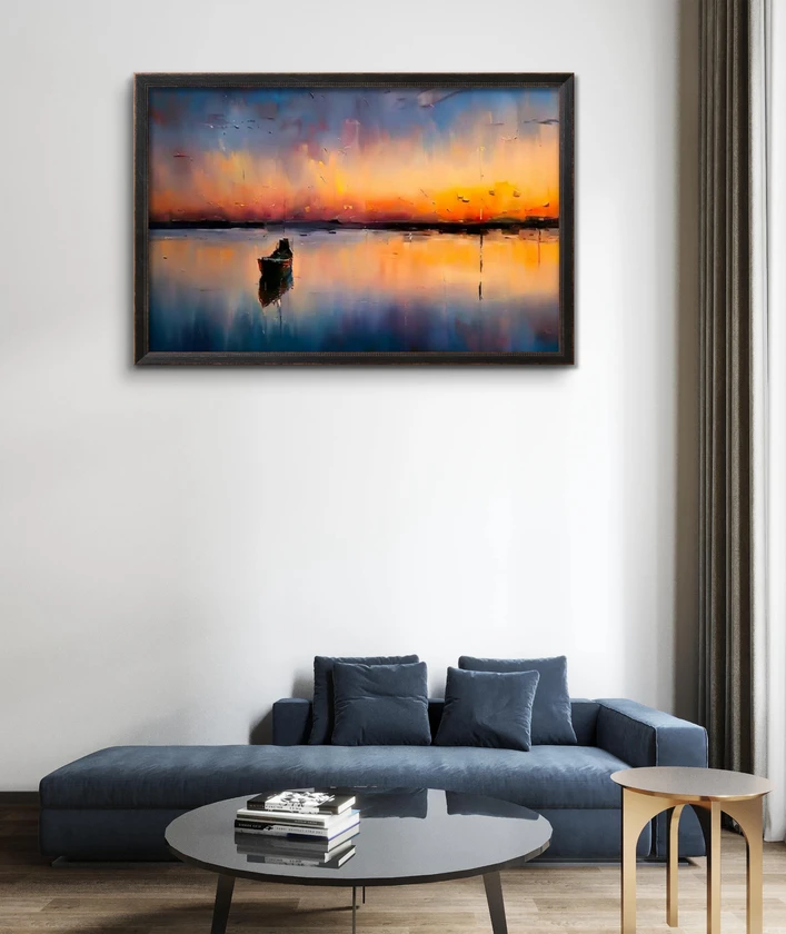 lone boat sunset seascape oil painting print | abstract ocean wall art | - $2,35 thumbnail 2
