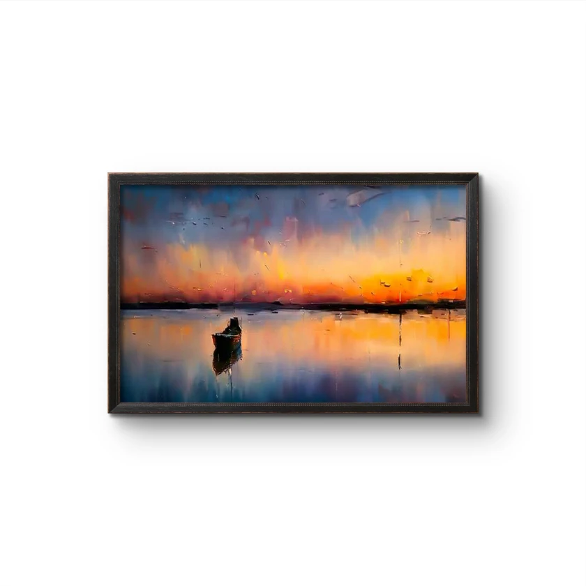 lone boat sunset seascape oil painting print | abstract ocean wall art | - $2,35 thumbnail 3