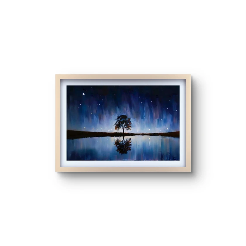 lone tree starry night reflection painting | cosmic landscape wall art - $1,600 thumbnail 3