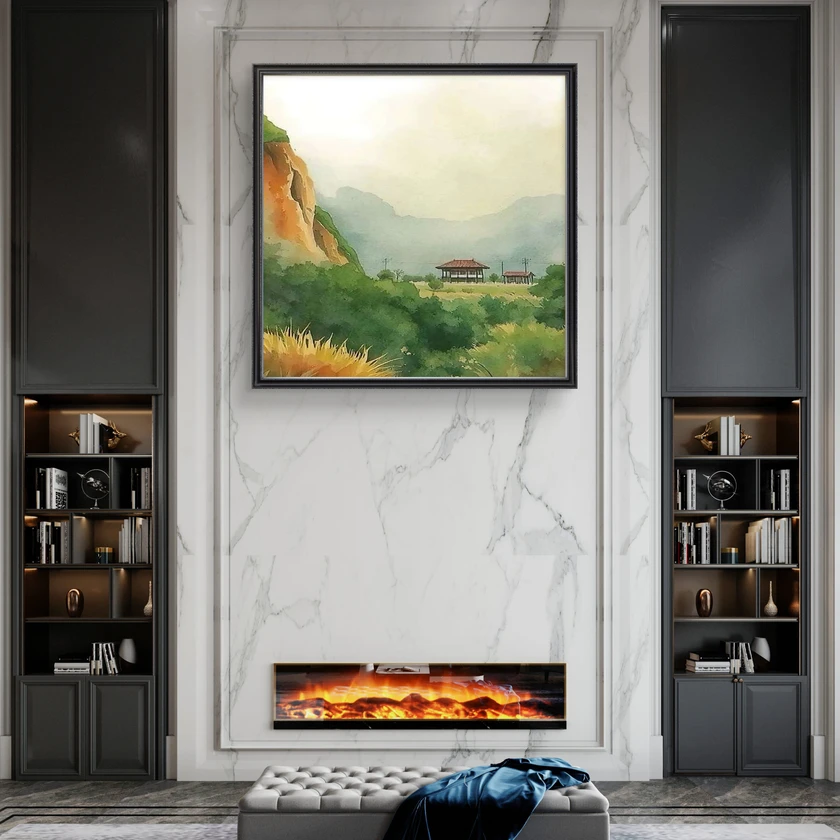 misty mountain villa watercolor painting | asian landscape wall art - $2,100 thumbnail 2