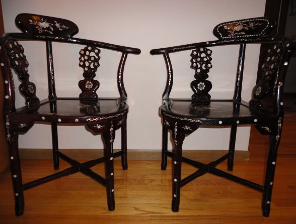 2 old oriental cherry wood & mother of pearl inlay chairs - $365 thumbnail 2