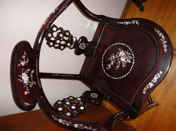 2 old oriental cherry wood & mother of pearl inlay chairs - $365 thumbnail 3