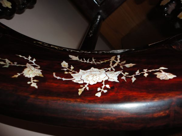 2 old oriental cherry wood & mother of pearl inlay chairs - $365 thumbnail 4