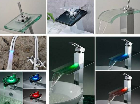 led thermal & glass waterfall bathroom faucets / modern bathroom sinks - $500 thumbnail 2